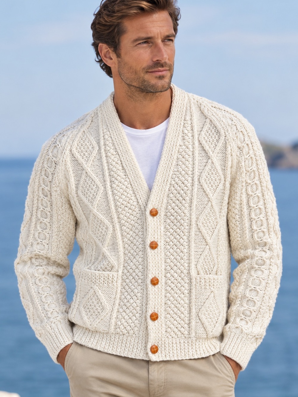 Vintage John Molloy Wool Cable-Knit Fisherman Cardigan Sweater